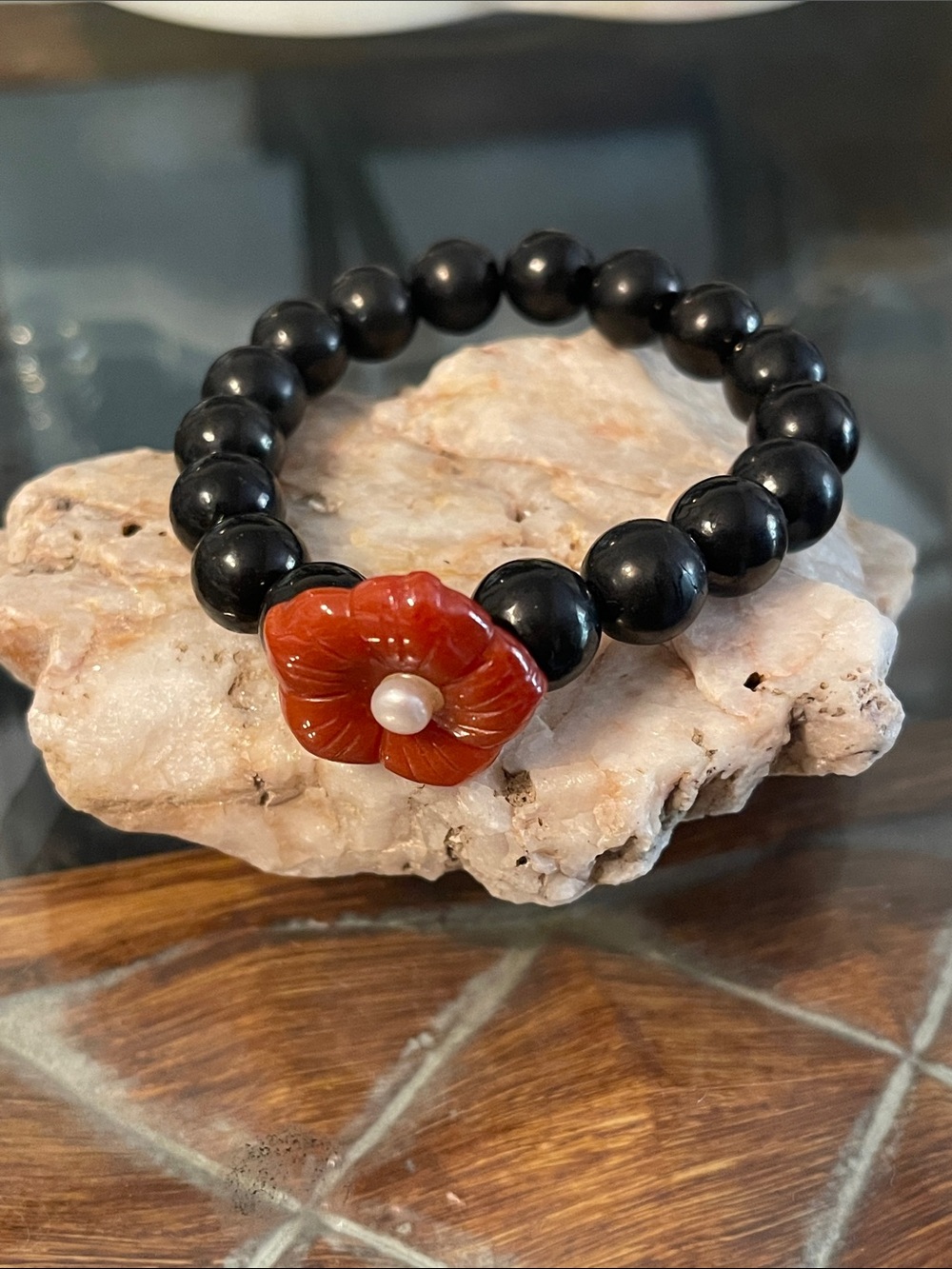 Shungite Red Jade Freshwater Pearl stretch Bracelet